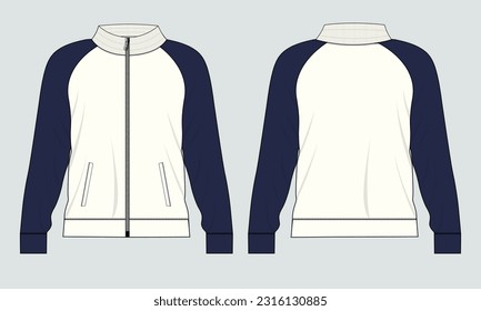 Two tone color Long sleeve zipper with pocket tracksuits jacket sweatshirt technical fashion flat sketch vector illustration template front and back view.

