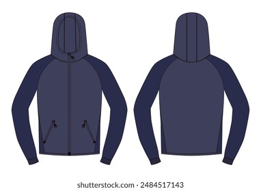 Two tone color long sleeve hoodie technical drawing fashion flat sketch vector illustration navy  color  template front and back views isolated on white back