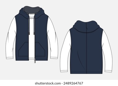 Two tone color Long sleeve hoodie technical drawing fashion flat sketch vector illustration template front and back views. 