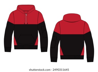 Two tone color Long sleeve hoodie technical drawing fashion flat sketch vector illustration template front and back views. 