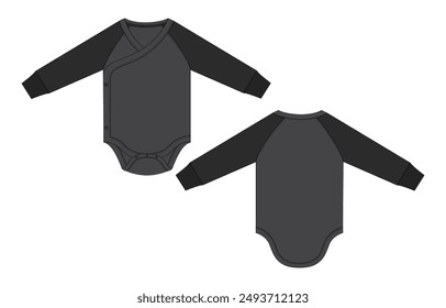 Two tone color long sleeve Romper bodysuit vector illustration template for kids. Apparel design mock up cad Front and back views