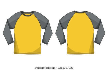 Two tone color Raglan long sleeve t shirt technical drawing fashion flat sketch vector illustration black color template front and back views isolated on white background