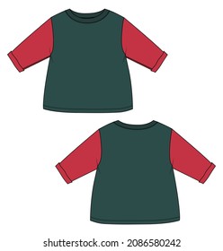 Two tone Color Red, Green Sweatshirt Dress design Template For Kids. Apparel Clothing  Mock up Front and back views isolated on white background.