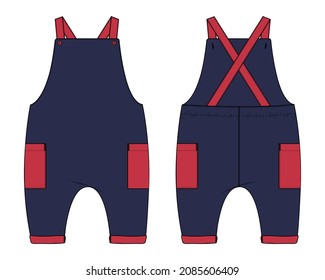 Dos tonos Rojo, Navy Kids Dungaree Dress diseño Moda Plano plano Esbozo vectorial Ilustración Plantilla Front and back View. El diseño de ropa de ropa se burla de las vistas frontal y trasera.