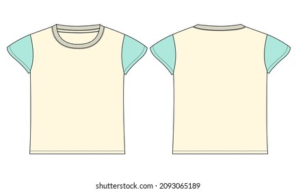 Two tone color Short sleeve T- shirt dress design template for baby girls. Technical Fashion flat sketch vector illustration mock up front and back views isolated on White background
