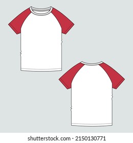 Two tone Color Short sleeve raglan t shirt Technical fashion flat sketch vector illustration template front and back views. Flat style white color Apparel Design Mock up Cad.