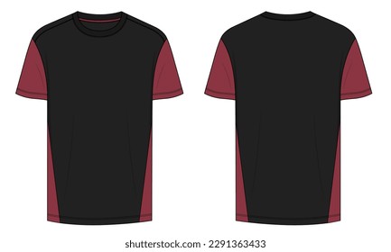 Two tone Color Short sleeve T shirt Technical Fashion flat sketch vector illustration template front and back views. Clothing design mock up for men's isolated on White background.