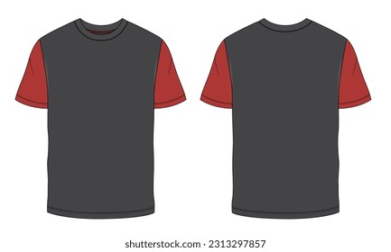 Two tone Color Short sleeve T shirt Technical Fashion flat sketch vector illustration template front and back views. Clothing design mock up for men's isolated on White background.