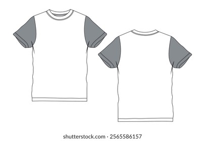 Two tone color Short sleeve Basic T shirt overall technical fashion flat sketch vector illustration template front and back views. Apparel clothing mock up for men's and boys.
