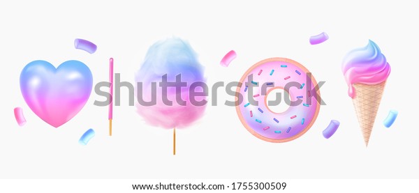 Two tone cotton candy, donut,\
candy realistic. Set of sweets. Two-tone cotton candy 3D. Donut and\
marshmallows in pinky blue and purple colour. Heart shaped\
candy.