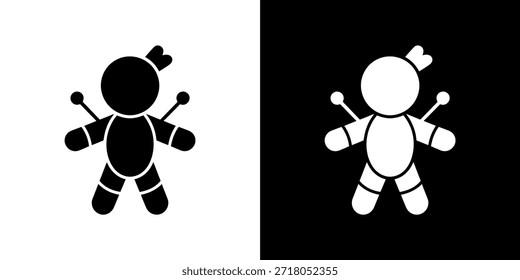 Representación en dos tonos de una muñeca vudú perforada con alfileres, que simboliza la magia oscura y las prácticas rituales.