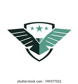 Two tone eagle logo with shield and stars, silhouette predator hawk bird wide wingspan floating in the air, flying animal tattoo emblem mock-up