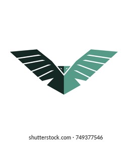 Two tone eagle logo, silhouette predator hawk bird wide wingspan floating in the air, flying animal tattoo emblem mock-up