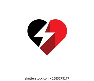 two tone flat style heart love symbol with negative space lightning thunder striking trough  