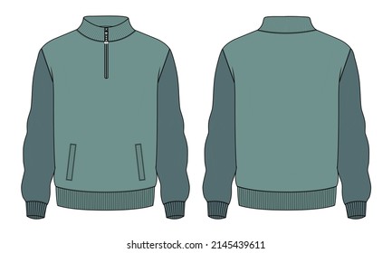 Two tone green Color Long sleeve jacket with pocket and zipper technical fashion flat sketch vector illustration template front and back views. Fleece jersey sweatshirt jacket for men's and boys.