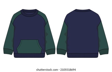 Two tone Green, navy color Long sleeve Sweatshirt fashion Flat Sketch technical drawing vector template For men's. Apparel dress design mockup CAD illustration. Cotton Fleece jersey sweatshirt
