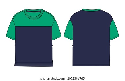 Two tone Green and navy Short sleeve t shirt Technical Fashion flat sketch template For kids and boys.
