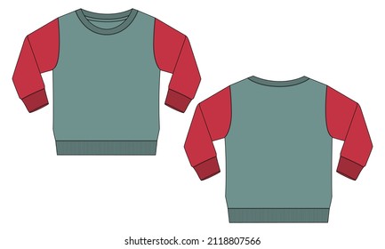 Two tone Green and Red color Long Sleeve sweatshirt Overall technical fashion flat sketch vector illustration template for women's. Cotton fleece fabric clothing mock up front and back views.