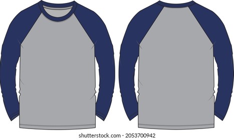 Two tone grey, blue color Long sleeve Raglan T shirt overall technical fashion flat sketch vector Illustration template front and back views isolated on white. Basic apparel Design Mock up for Men's