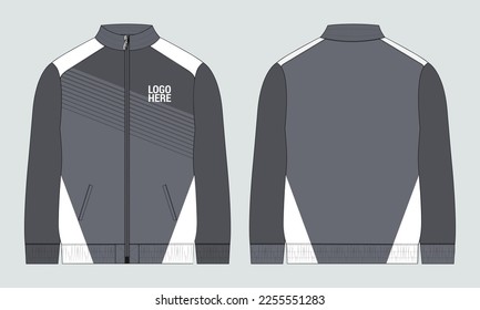 Two tone grey color Long sleeve zipper with pocket tracksuits jacket sweatshirt technical fashion flat sketch vector illustration template front and back view. 