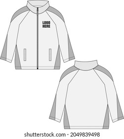 Two Tone Grey, White Long Sleeve Jacket With Pocket, Zipper Overall Technical Fashion Flat Sketch Drawing Clothing Vector Illustration Template Front, Back Views. Warm Up Apparel Sweat Jacket Mock Up.