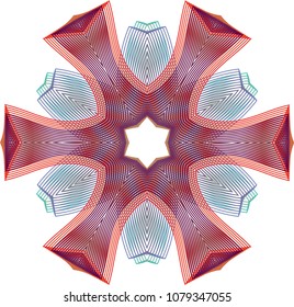 Two tone guilloche pinwheel rosette with folded petals and contrasting color palettes.