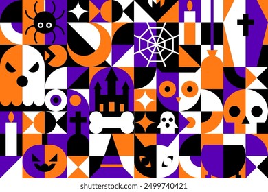 two tone Halloween Geometric Bauhaus Background in Mosaic Block Style, Seamless Pattern for Backdrops, Greeting Cards, and Geometry-Ornamented Retro Modern Design