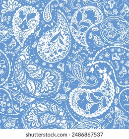 Two tone, hand drawn paisley seamless repeat pattern. Random placed, vector arabic elements aop, all over surface print on light blue background.