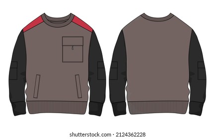 Two tone Khaki, Black color Long sleeve with pocket Sweatshirt technical fashion Flat Sketch vector template For men's. Apparel dress design mockup CAD illustration. Cotton Fleece jersey sweatshirt.