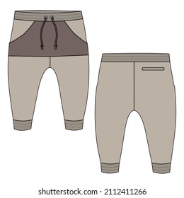 Two tone Khaki  Color  Basic Sweat pant technical fashion flat sketch template front and back views. Apparel Fleece Cotton jogger pants vector illustration drawing mock up for kids and boys. 

