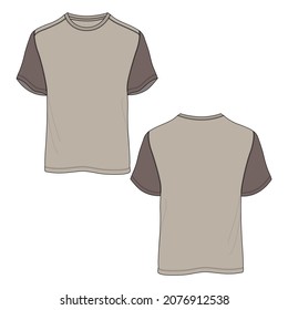 Two tone Khaki Color Regular fit short Sleeve basic T shirt Technical Fashion Flat sketch Vector Illustration Template Front, back views. Apparel design Mock up drawing illustration.
