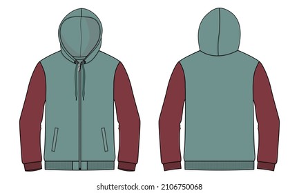 Two tone Long Sleeve Hoodie Technical Fashion Flat Sketch Vector Illustration Template Front and Back views. Apparel Clothing Design Mock up CAD.