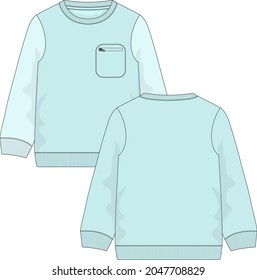 Two tone Long sleeve with pocket sweatshirt overall technical fashion flat sketch vector illustration template front and back views. Fleece cotton jersey Apparel clothing mock up for men's and boys.