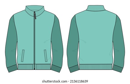 Two tone Long Sleeve with Stand Up Collar fleece jersey sweatshirt Jacket Technical Fashion flat sketch Vector illustration template Front and back views. Apparel Clothing design Mock up Cad.