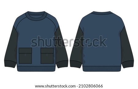 Two tone Navy, Black color jacket Sweatshirt technical fashion flat sketch vector illustration template front back. Apparel Sweat Jacket Flat drawing black, navy color mock up.

