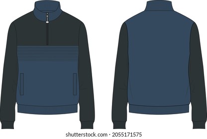 Two tone Navy blue and Black Long sleeve with Short zip fleece jacket overall technical fashion Flat sketch Vector illustration template Front, back views. Apparel Sweater Jacket mock up CAD.