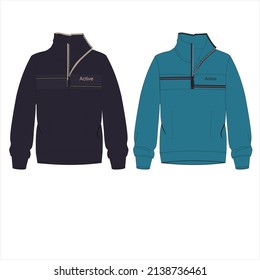 Two tone Navy blue and Black Long sleeve with Short zip fleece jacket overall technical fashion Flat sketch Vector illustration template Front, back views. Apparel Sweater Jacket mock up CAD.