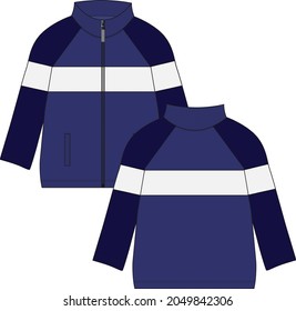 Two tone Navy blue, navy color long sleeve jacket with chest stripe overall technical fashion flat sketch drawing clothing vector illustration template front, back views. Warm up Apparel sweat jacket 