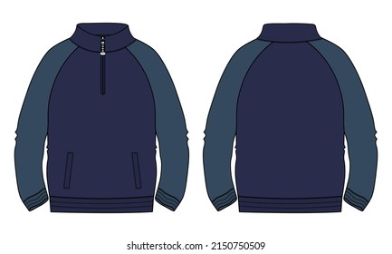 Two tone navy blue Color Long sleeve jacket with pocket and zipper technical fashion flat sketch vector illustration template front, back views. Fleece jersey sweatshirt jacket for men's and boys