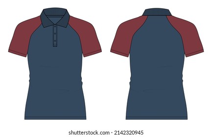 Two tone navy blue, red Color Raglan polo shirt Flat sketch vector illustration template front and back views isolated on white background.