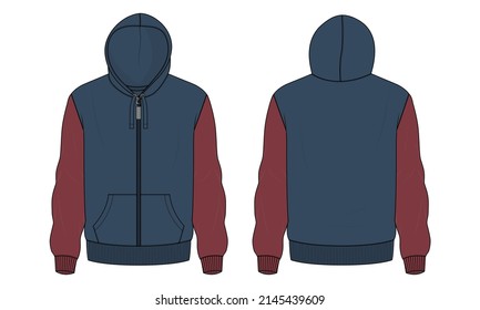 Two tone Navy blue and red Color Long sleeve  Hoodie technical fashion flat sketch vector illustration template front and back views. Fleece cotton jersey sweatshirt hoodie mock up for men's and boys.