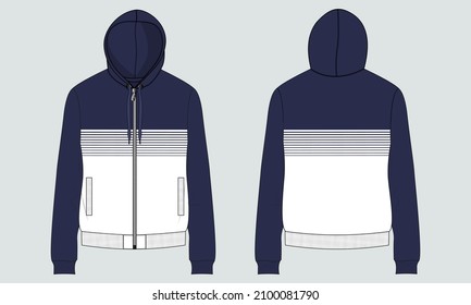 Two tone Navy blue, White Color Long sleeve hoodie with Zipper and Pocket technical fashion Drawing sketch template front and back view. apparel dress design vector illustration mock up jacket CAD. 
