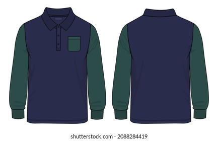 Dos tonos de Navy, Manga de color verde larga con Pocket Polo Shirt Técnica Sketch Vector Ilustración Dibujo de plantilla Vistas frontal y posterior. Diseño de ropa de ropa de ropa de ropa de maquillaje Cad.