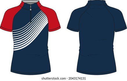 Two tone navy, red color cycling jersey with short zip Vector Illustration template front and back view. Easy edit and customizable. Technical sketch mandarin Stand Up Collar Soccer mock up CAD.