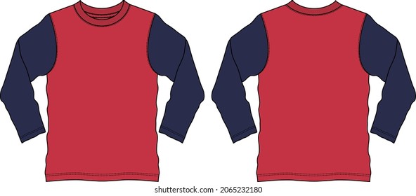 Two tone Navy, red Color long Sleeve basic T shirt Technical Fashion Flat sketch Vector Illustration Template Front, back views. Apparel design Mock up drawing illustration. Easy edit and customizable