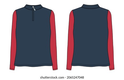 Two tone navy, red color Long Sleeve With Half Zip, High Neck, Sweatshirt for ladies. Technical fashion flat sketch Apparel Vector  illustration Template Front, back views. Women's Unisex CAD mock up.