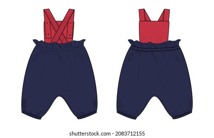 Two tone Navy, red color Kids Dungaree Dress Design Technical Fashion Flat Sketch Vector illustration Template Front And Back views. Apparel Drawing Mock up Baby girls Tops Unisex Cad.