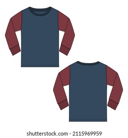 Two tone Navy, red Color long Sleeve basic T shirt Technical Fashion Flat sketch Vector Illustration Template Front, back views. Apparel design Mock up drawing illustration. Easy edit and customizable