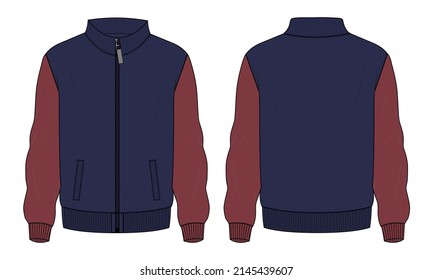 Two tone Navy   red Color Long sleeve jacket and pocket   zipper technical fashion flat sketch vector illustration template front  back views  Fleece jersey sweatshirt jacket for men's   boys 