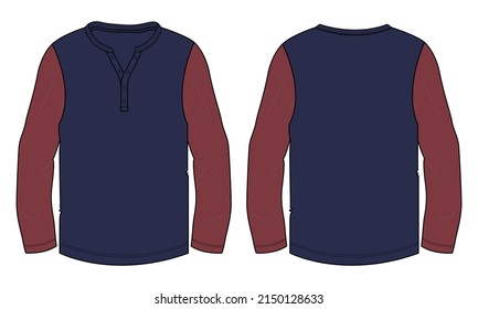 Two tone navy and red Color Long sleeve round style neck and bottom t shirt overall technical fashion flat sketch vector illustration template. Flat style Cotton jersey apparel design mock up.